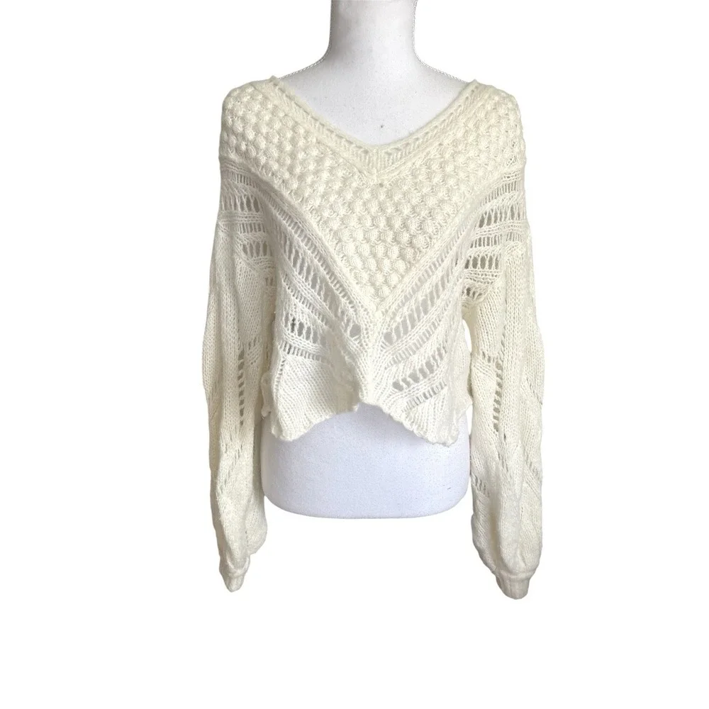 Free‎ People Ivory Snowball Cropped Sweater Wool Blend Open Knit Boho Chic Sz XS